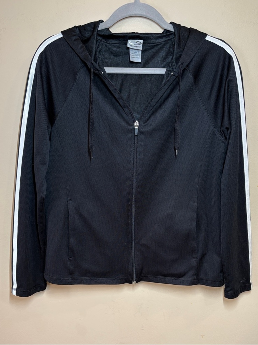 Champion Zip-Front Hoodie Track Jacket - Black with White Stripes on sleeves